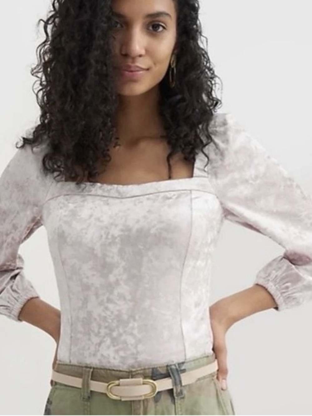Anthropologie - Jessima Light Pink Square Neckline Long Sleeve Velvet Blouse M